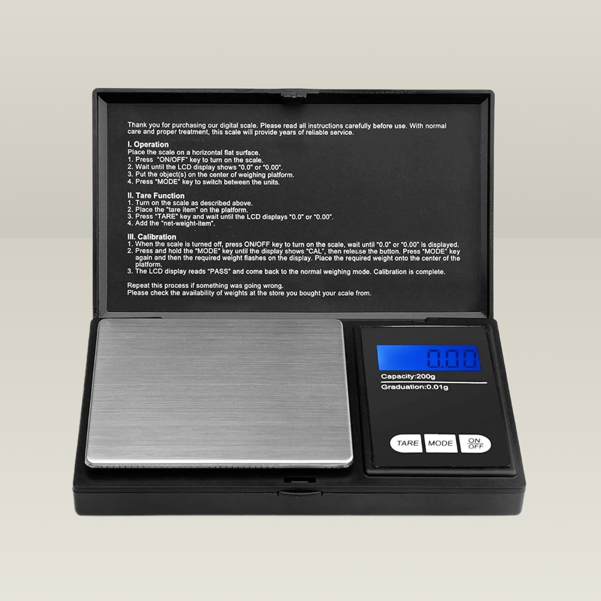 Digitale Feinwaage mit 200g Kapazität und 0,01g Genauigkeit, ideal für präzises Abwiegen kleiner Mengen mit LCD-Display.